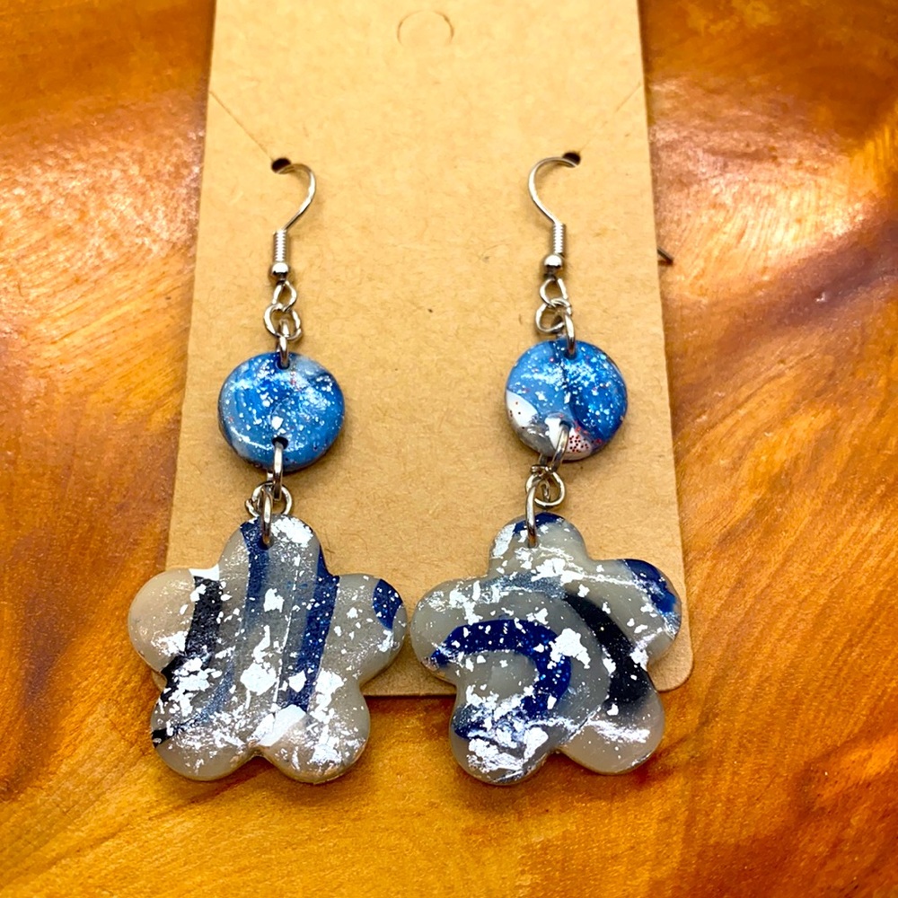 Blue and white glittery flower dangle polymer clay earrings